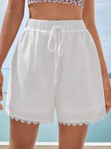 Soleia Quần đùi nữ Tương phản ren Thắt nút màu trơn Giải trí - trắng - Xem 3