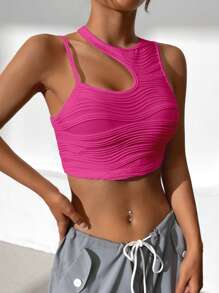 SHEIN EZwear Asymmetrical Neck Crop Top - Hot Pink - View 6