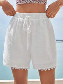 Soleia Quần đùi nữ Tương phản ren Thắt nút màu trơn Giải trí - trắng - Xem 4