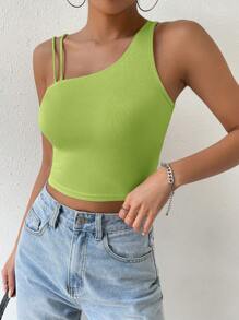 SHEIN EZwear Asymmetrical Neck Crop Top - Green - View 1
