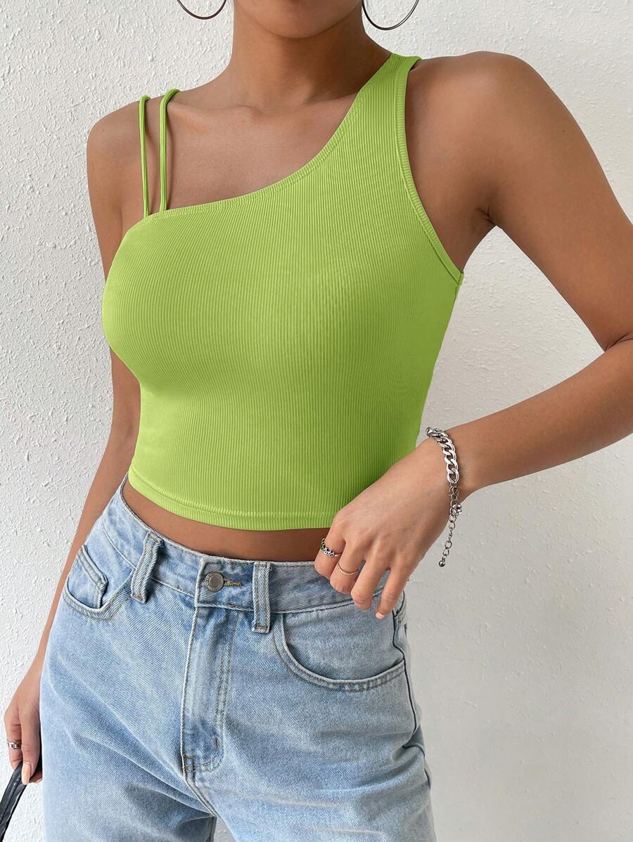 SHEIN EZwear Asymmetrical Neck Crop Top - Green - View 1