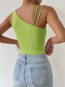 SHEIN EZwear Asymmetrical Neck Crop Top - Green - View 2