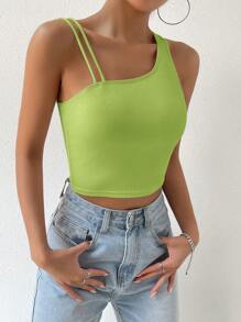 SHEIN EZwear Asymmetrical Neck Crop Top - Green - View 4