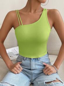SHEIN EZwear Asymmetrical Neck Crop Top - Green - View 5