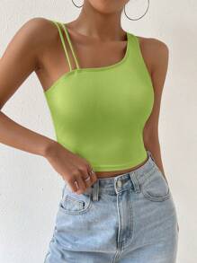 SHEIN EZwear Asymmetrical Neck Crop Top - Green - View 6