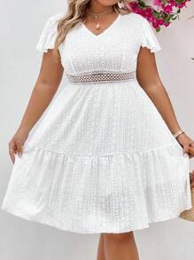 SHEIN Holidaya 大碼網眼刺繡荷葉邊連衣裙 - 白色 - 查看 4