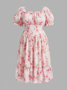Sunnyshic Plus Floral Print Puff Sleeve Ruffle Hem Dress Maxi Women Outfit