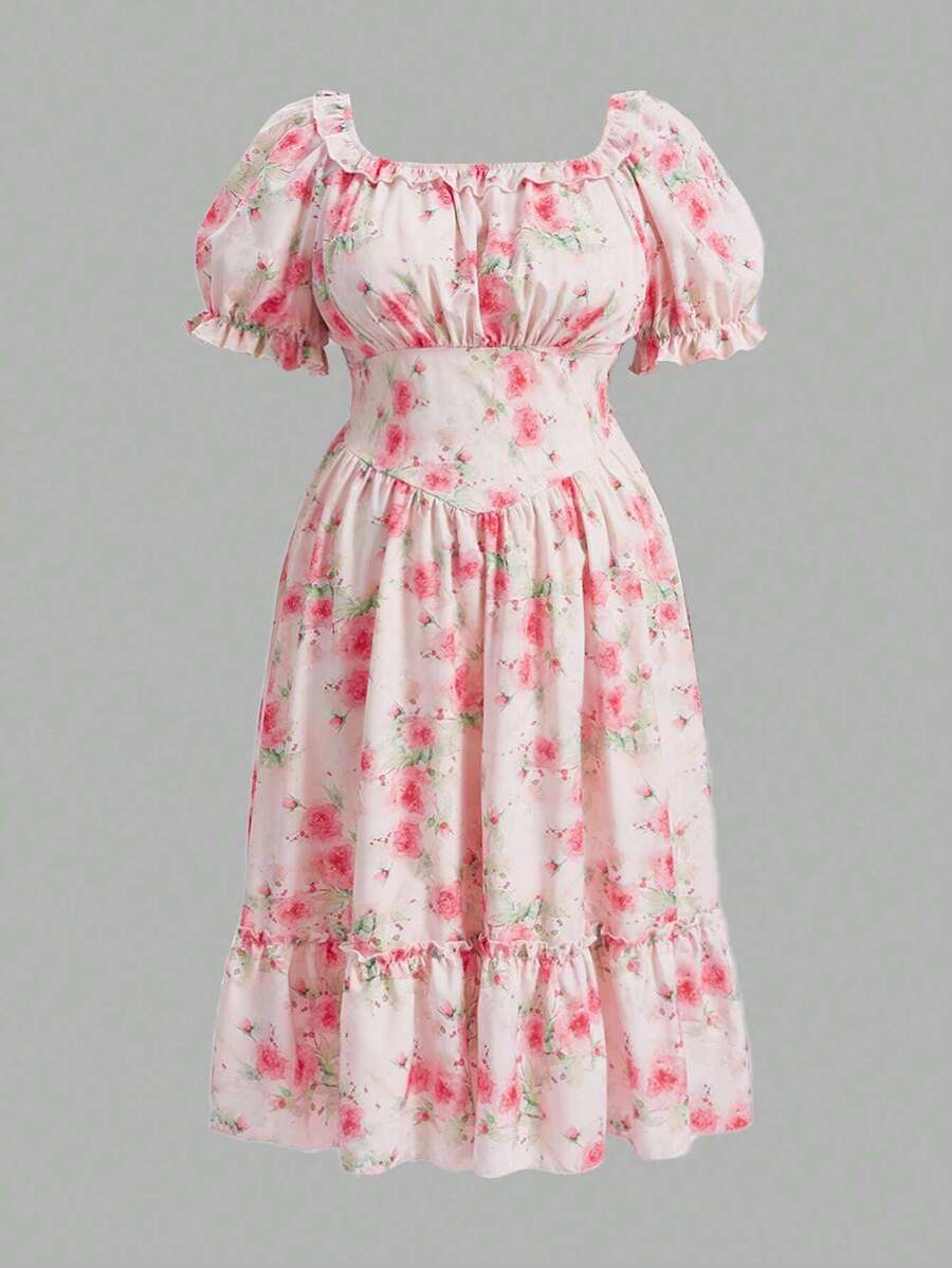 Sunnyshic Plus Floral Print Puff Sleeve Ruffle Hem Dress Maxi Women Outfit