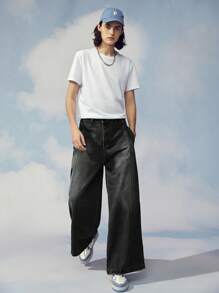 Manfinity Hypemode 1pc Men Loose Slanted Pockets Wide Leg Jeans - Black - View 3