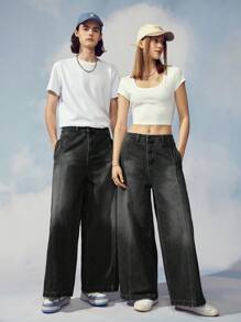 Manfinity Hypemode 1pc Men Loose Slanted Pockets Wide Leg Jeans - Black - View 5