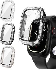 3 قطع 2 في 1 واقي شاشة و بديكور حجر الراين حالة متوافق مع Apple Watch - متعدد الألوان - مشاهدة 1