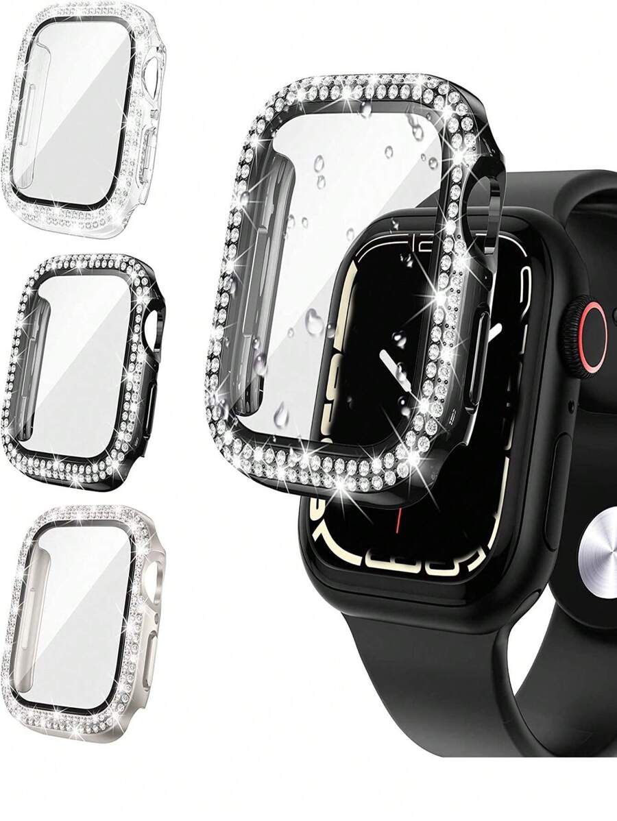 3 قطع 2 في 1 واقي شاشة و بديكور حجر الراين حالة متوافق مع Apple Watch - متعدد الألوان - مشاهدة 1