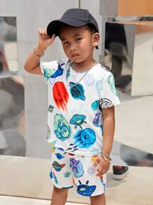 SHEIN 小男童卡通圖案T恤和短褲 - 彩色 - 查看 4