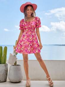 Soleia 滿版印花前抽繩泡泡袖連衣裙 - 彩色 - 查看 3