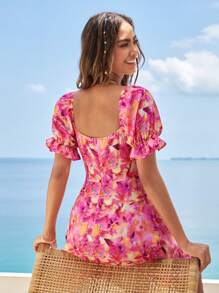 Soleia 滿版印花前抽繩泡泡袖連衣裙 - 彩色 - 查看 4