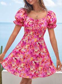 Soleia 滿版印花前抽繩泡泡袖連衣裙 - 彩色 - 查看 5