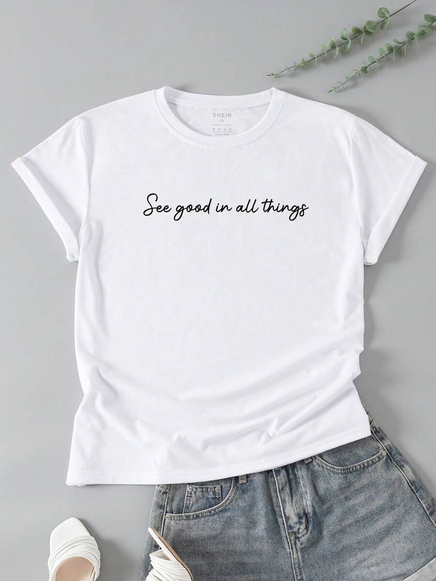 SHEIN Unity Áo thun Plus size Slogan Giải trí - trắng - Xem 1