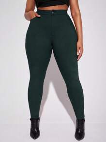 SHEIN SXY Cộng với quần skinny cạp cao - Màu xanh lá cây đậm - Xem 1