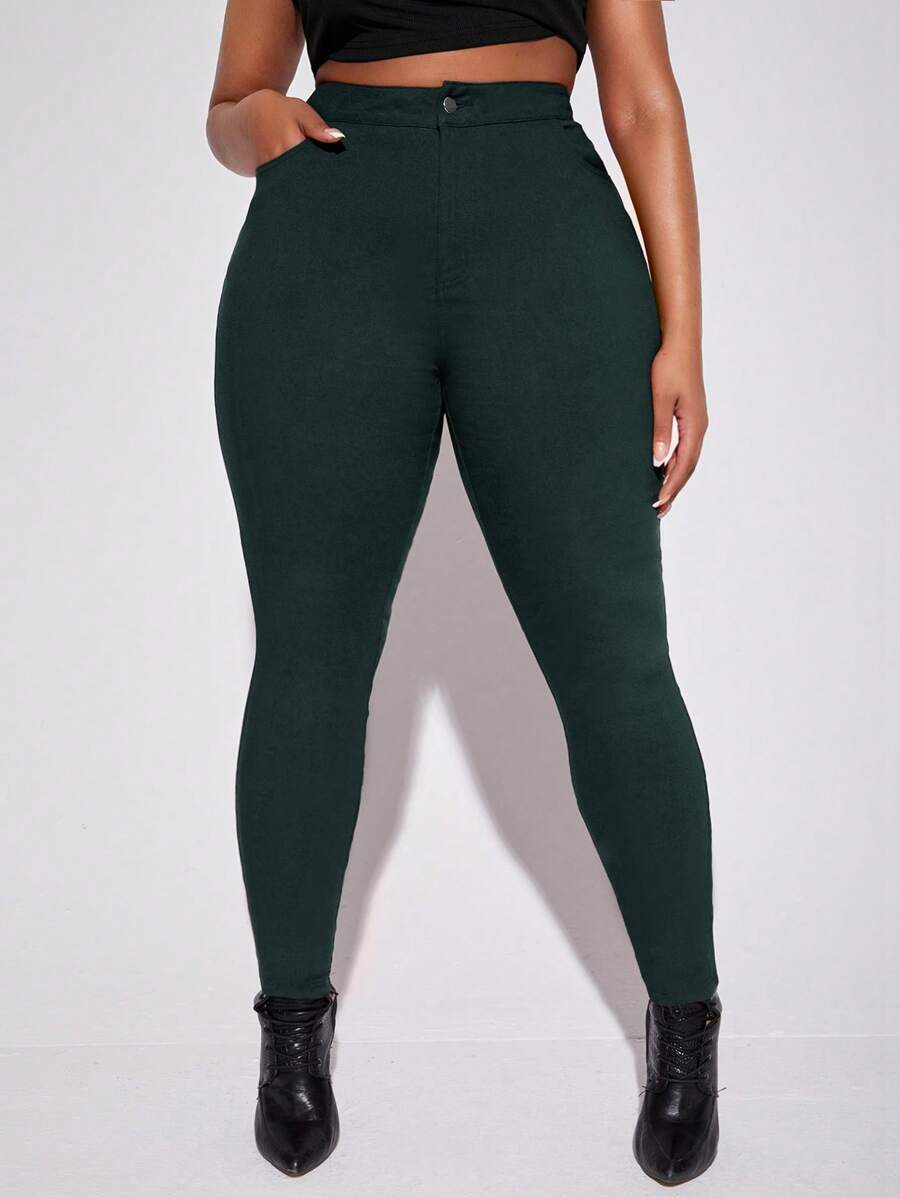 SHEIN SXY Cộng với quần skinny cạp cao - Màu xanh lá cây đậm - Xem 1