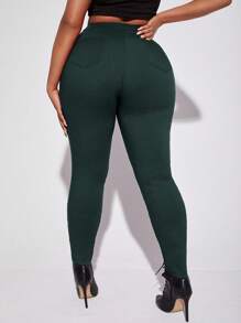 SHEIN SXY Cộng với quần skinny cạp cao - Màu xanh lá cây đậm - Xem 2