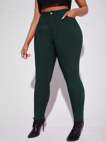 SHEIN SXY Cộng với quần skinny cạp cao - Màu xanh lá cây đậm - Xem 4