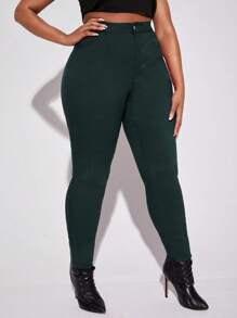 SHEIN SXY Cộng với quần skinny cạp cao - Màu xanh lá cây đậm - Xem 5