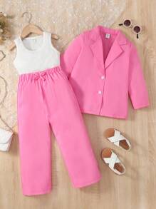 SHEIN Toddler Girls Solid Tank Top & Knot Front Pants & Shirt - Multicolor - View 2