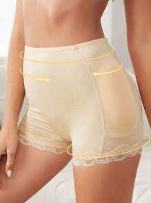 Lace Trim Ruched Detail Shapewear Shorts - Apricot - View 2