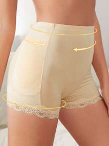 Lace Trim Ruched Detail Shapewear Shorts - Apricot - View 3