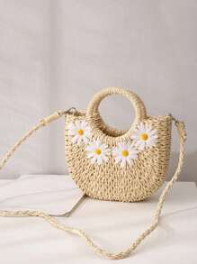 Yogodlns Mini Straw Crossbody Bag, Daisy Decor, Handbag, Summer Beach Travel Vacation Bag - Beige - View 2
