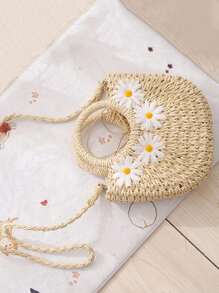 Tropiscape Mini Straw Woven Crossbody Shoulder Bag Daisy Decor Purse Handbag Summer Bag,Perfect For Summer Beach Travel Vacation Beach Autumn Winter Gifts - Beige - View 8