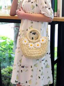 Yogodlns Mini Straw Crossbody Bag, Daisy Decor, Handbag, Summer Beach Travel Vacation Bag - Beige - View 6