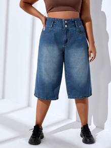 SHEIN EZwear Plus High Waist Wide Leg Jeans - Dark Wash - View 1