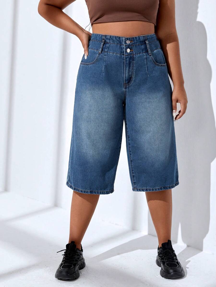 SHEIN EZwear Plus High Waist Wide Leg Jeans - Dark Wash - View 1