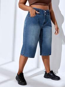 SHEIN EZwear Plus High Waist Wide Leg Jeans - Dark Wash - View 4