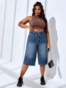 SHEIN EZwear Plus High Waist Wide Leg Jeans - Dark Wash - View 5