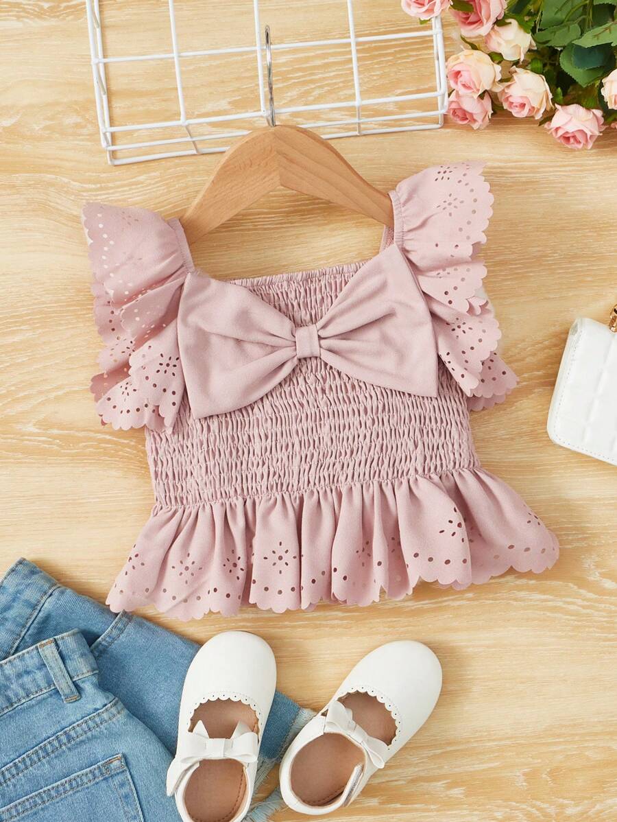 SHEIN Baby Eyelet Embroidery Ruffle Trim Bow Front Peplum Top - Dusty Pink - View 1