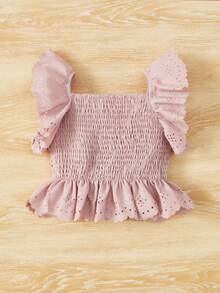 SHEIN Baby Eyelet Embroidery Ruffle Trim Bow Front Peplum Top - Dusty Pink - View 2