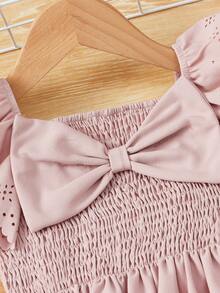 SHEIN Baby Eyelet Embroidery Ruffle Trim Bow Front Peplum Top - Dusty Pink - View 3