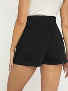 SHEIN Thai sản Lông cừu Eo dây rút Cuộn lên Hem Quần short - màu đen - Xem 2