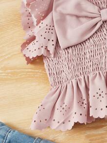 SHEIN Baby Eyelet Embroidery Ruffle Trim Bow Front Peplum Top - Dusty Pink - View 4