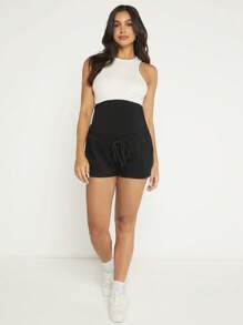 SHEIN Thai sản Lông cừu Eo dây rút Cuộn lên Hem Quần short - màu đen - Xem 6