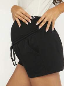 SHEIN Thai sản Lông cừu Eo dây rút Cuộn lên Hem Quần short - màu đen - Xem 5