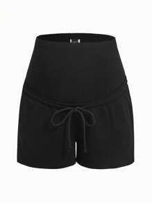 SHEIN Thai sản Lông cừu Eo dây rút Cuộn lên Hem Quần short - màu đen - Xem 4