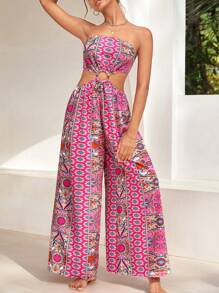 SHEIN VCAY Áo liền quần nữ Cắt ra Lộ Lưng Nhẫn Buộc lại Bộ lạc Boho - Nhiều màu - Xem 3