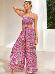 SHEIN VCAY Áo liền quần nữ Cắt ra Lộ Lưng Nhẫn Buộc lại Bộ lạc Boho - Nhiều màu - Xem 4