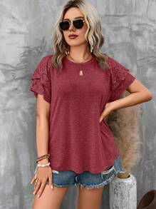 SHEIN LUNE Plus Kontrast T-shirt med volangärm i spets