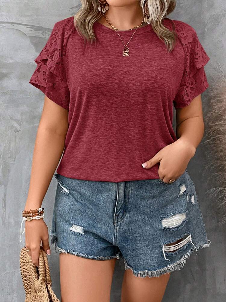 Plus Contrast Lace Flounce Sleeve Tee