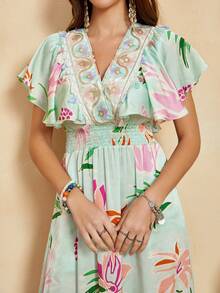 印花蝴蝶袖連衣裙 - 薄荷綠 - 查看 3