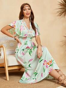 印花蝴蝶袖連衣裙 - 薄荷綠 - 查看 4